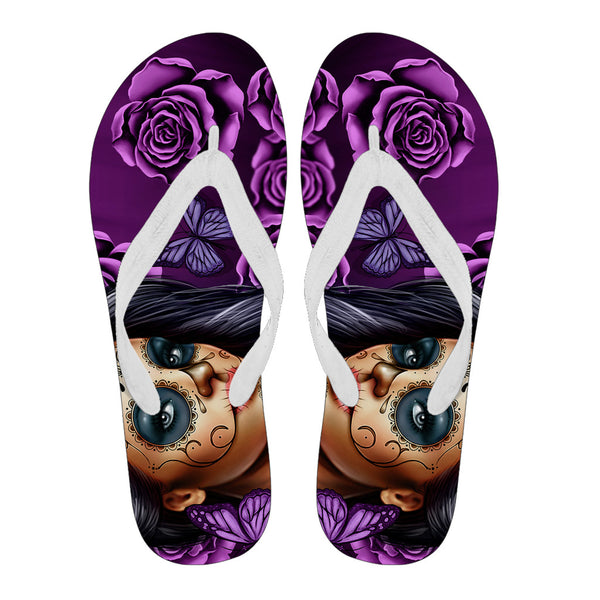 Calavera Girl Women's Violet Flip Flops - WHITE