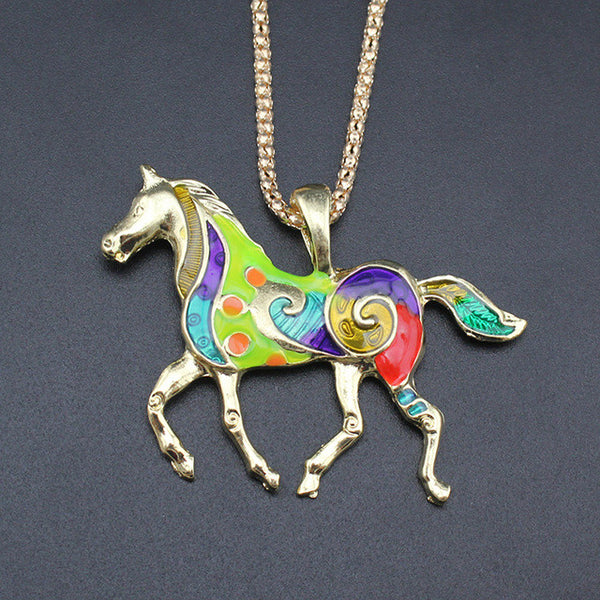 Gold Plated Multi Color Galloping Horse Pendant