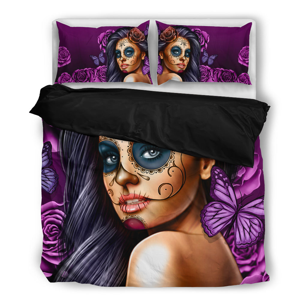 Calavera Girl Purple Bedding Black Backing