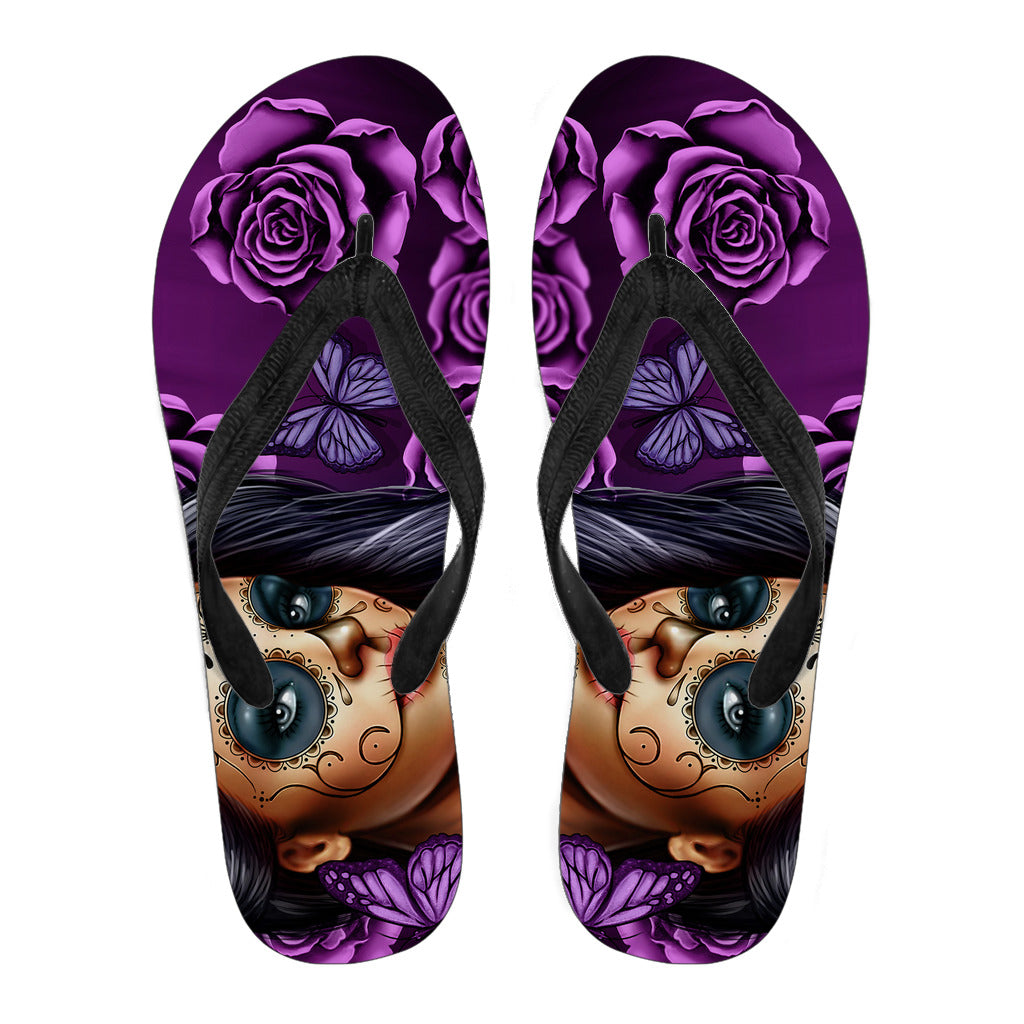 Calavera Girl Women's  Violet Flip Flops - Black