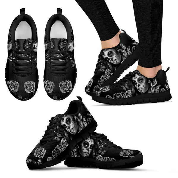 Calavera Girl Sneakers- Running Shoes Black & White
