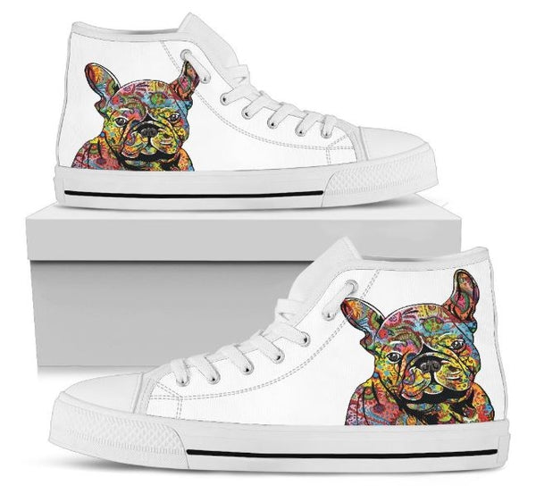 FRENCH BULLDOG WOMENS HIGH TOP SHOES (WHITE)