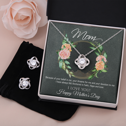 MOTHERS DAY GIFT LOVE KNOT NECKLACE & EARRING SET WITH MESSAGE CARD