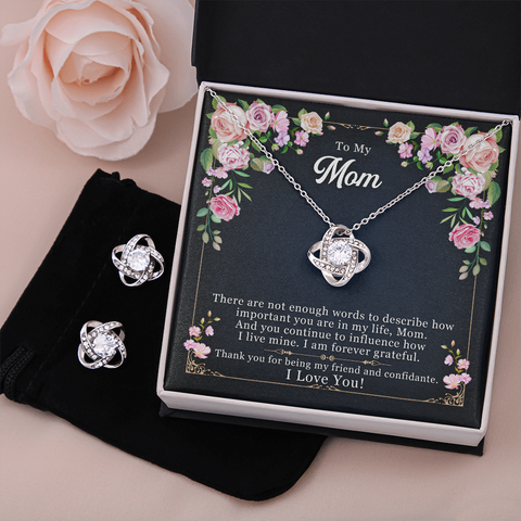 TO MY MOM -  LOVE KNOT NECKLACE & EARRING SET WITH MESSAGE CARD