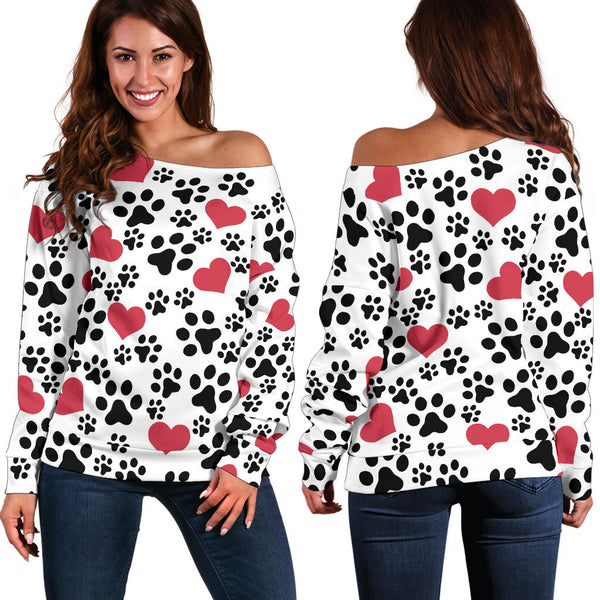 Women`s Off Shoulder Sweater Dog Paw Prints | Premium Ladies Sweater