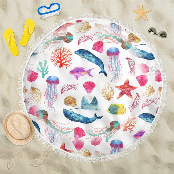 Watercolor Ocean Beach Blanket with Whales Fish Starfish and Jellyfish