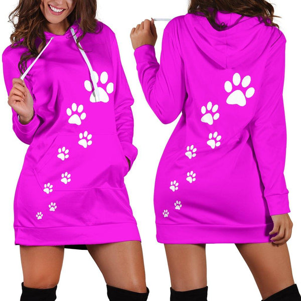 Women's paw prints hoodie dress-Pink - TSP Top Selling Products