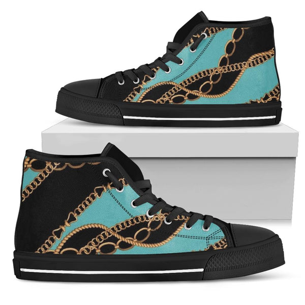 Teal Gold Chains Designer High Top Sneaker Custom Shoes with Black Soles