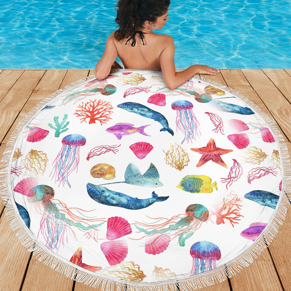Watercolor Ocean Beach Blanket with Whales Fish Starfish and Jellyfish