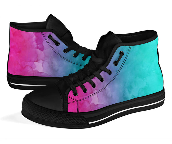 Pink Teal Water Colors Gradient High Top Sneakers Custom Shoes with Black Soles
