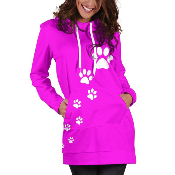 Women's paw prints hoodie dress-Pink - TSP Top Selling Products