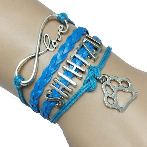 Love Shih Tzu  Paw Print Charm Bracelet Blue