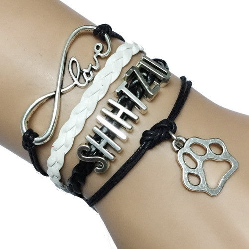Love Shih Tzu  Paw Print Charm Bracelet Blace & White
