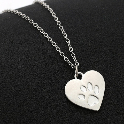 Heart Paw Print Charm Necklace Silver Plated