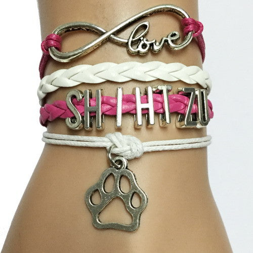 Love Shih Tzu  Paw Print Charm Bracelet Pink and White