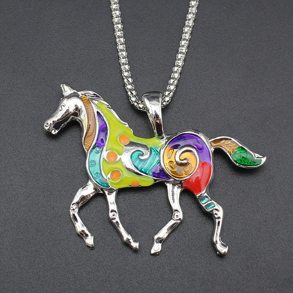 Silver Plated Multi Color Galloping Horse Pendant