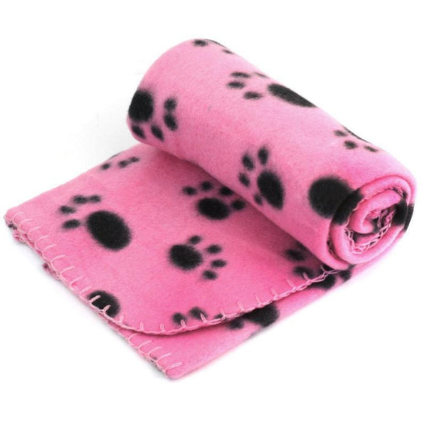 Fleece Dog Blanket Pink with Black Paw Print Open